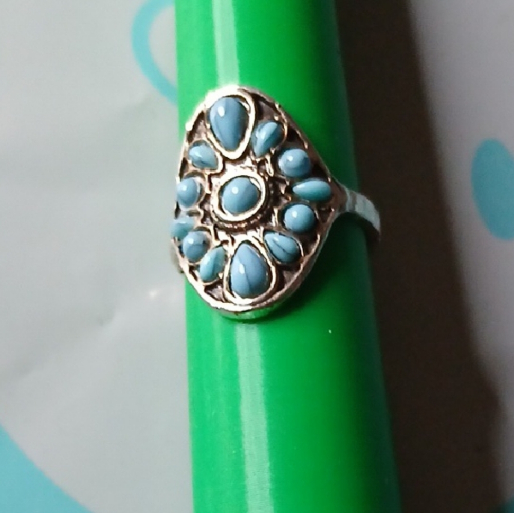 Silver Tone and Blue Gemstone Ring Size 9 1/2